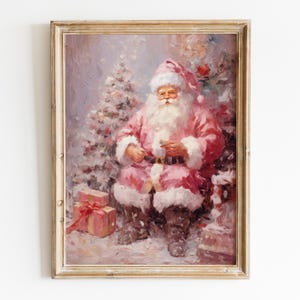 Arte de pared imprimible navideño femenino con Papá Noel rosa, decoración de habitación navideña preppy, impresión de invierno femenina, descarga digital de arte de pared navideño rosa