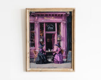 Preppy Witches in Cafe Printable Wall Art, Trendy Witchy Poster, Whimsical Goth Halloween Decor, Girly Cafe Bar Cart Print, Digital Download