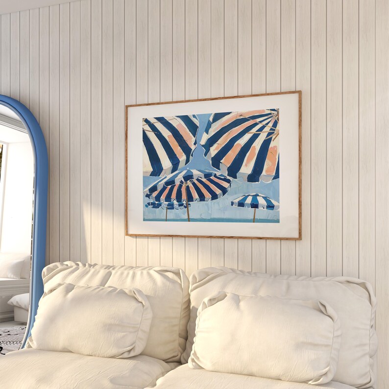 Navy Beach Umbrellas Print: Trendy French Summer Poster, Coastal Room Decor (Digital Download) image 2