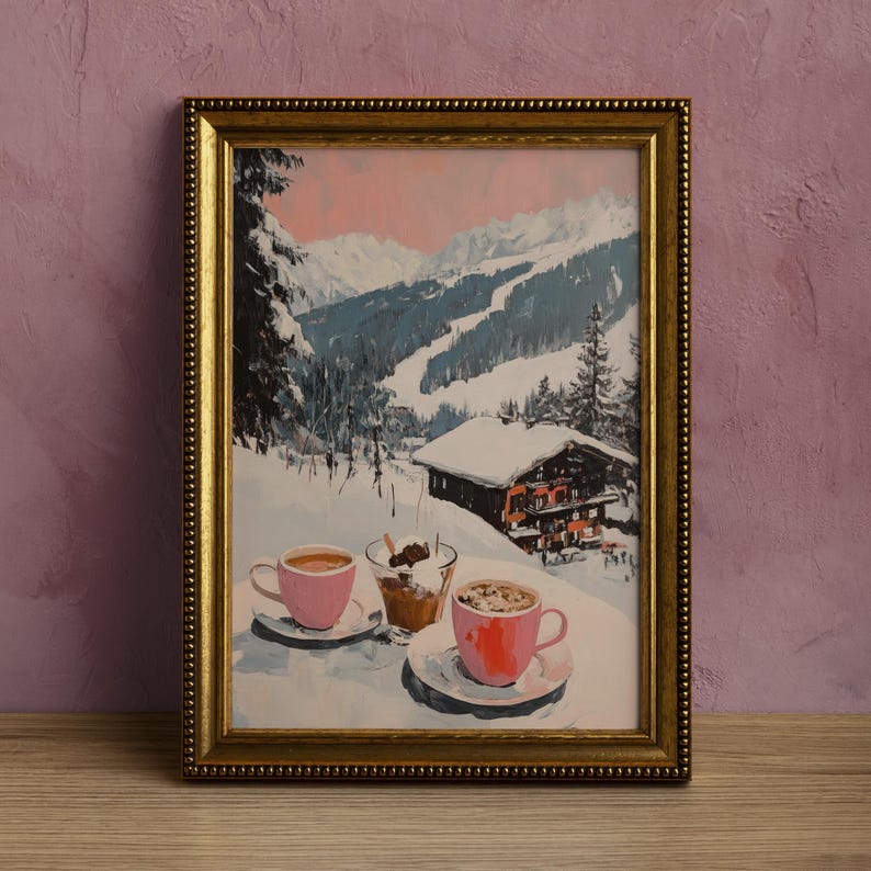 Hot Chocolate Girly Printable Wall Art, Ski Resort Bar Cart Art Print