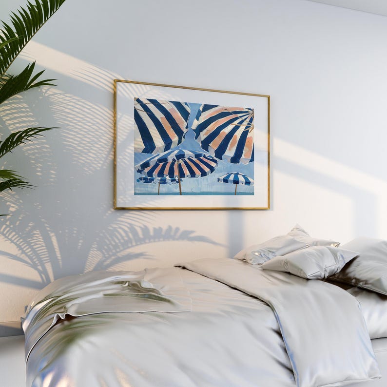 Navy Beach Umbrellas Print: Trendy French Summer Poster, Coastal Room Decor (Digital Download) image 4