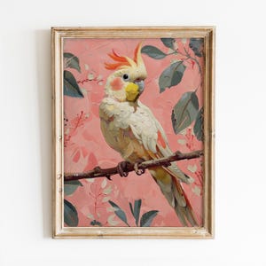 Arte de pared imprimible de cacatúa, impresión veraniega para chicas, decoración de habitación preppy, póster de pájaro tropical moderno, descarga digital de animal rosa adorable