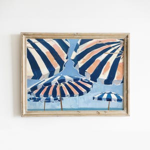 Arte de pared imprimible con sombrillas de playa azul marino, póster de verano francés moderno, decoración de habitación preppy, pintura costera vintage, descarga digital de vacaciones