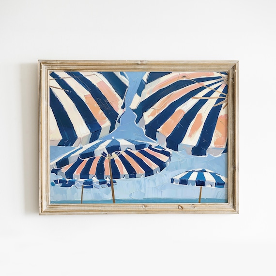 Navy Beach Umbrellas Print: Trendy French Summer Poster, Coastal Room Decor (Digital Download)