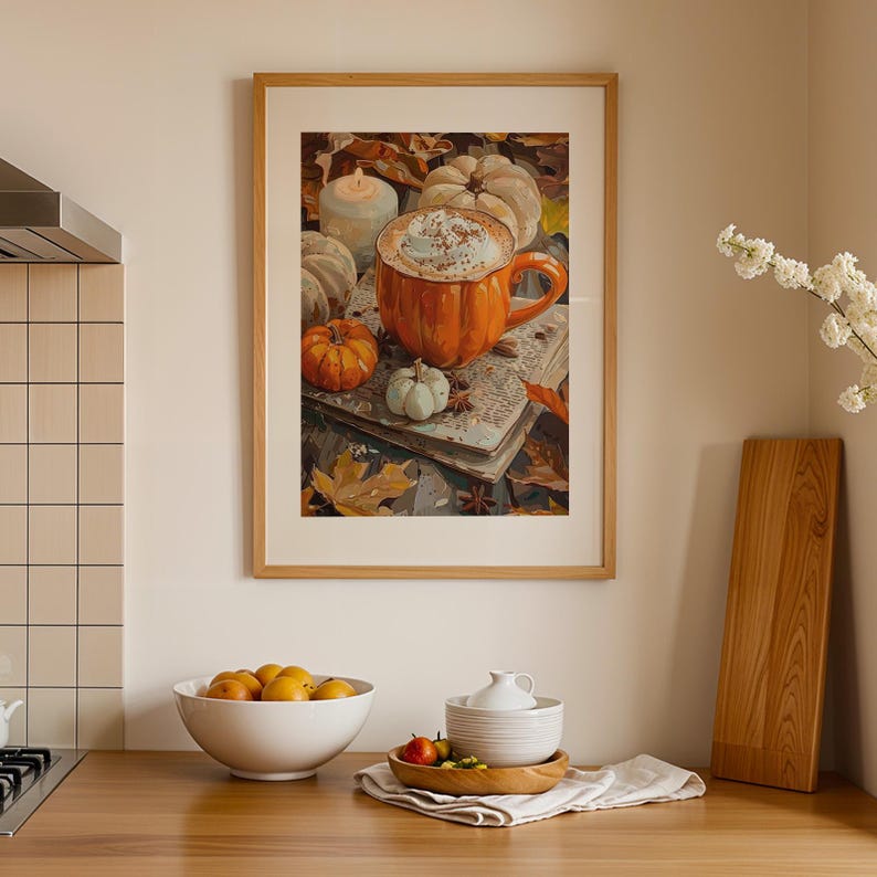 Pumpkin Spice Latte Art Print: gezellige herfst keukendecor, poster koffie warme chocolademelk (digitale download) afbeelding 4