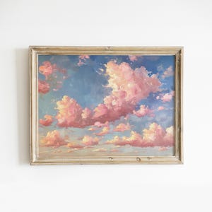 Arte de pared imprimible de nubes rosas para niñas, impresión primaveral de moda, decoración de habitación preppy, pintura de cielo pastel, póster de nubes con paisaje, descarga digital