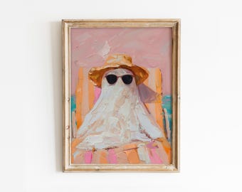 Preppy Ghost on Beach Print: Girly Halloween Coastal Decor (Digital Download)