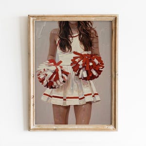 Coquette Cheerleader Print, Trendy Pompon Girl Poster, White & Red Cheerleading Gifts, Girly Dorm Decor, Cheer Mom, Digital Download