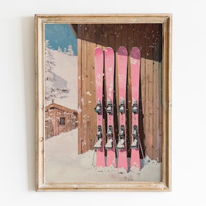 Art mural imprimable ski rose rétro, affiche de ski vintage, décoration de chambre preppy, impressions de vacances d'hiver, peinture d'hiver à la mode en téléchargement numérique