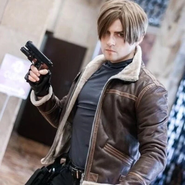 Leon Kennedy Resident Evil 4 Jacket Handmade|Resident Evil Jacket | Resident Evil 4 Bomber Shearling Leather Jacket|Video Game Gift For Him