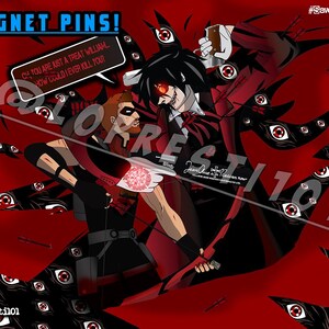 Alucard VS Red Arrow Custom Clear Acrylic Magnet Pins 2” (50.8mm) Young Justice Hellsing Ultimate Fan Art Fight scene