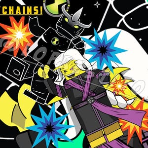 以下が含まれることがあります： ダイナミックなアクション満載の構図で描かれた、漫画のキャラクターの鮮やかなイラスト。画像上部には「KEYCHAINS！」の文字。キャラクターは、大胆な色使いと様式化された爆発効果を背景に描かれています。