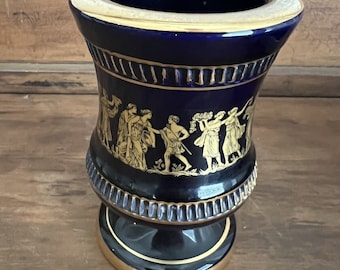 Spyropoulos Greece Greek Black 24k Gold Handmade Small Vase 4 inch Tall