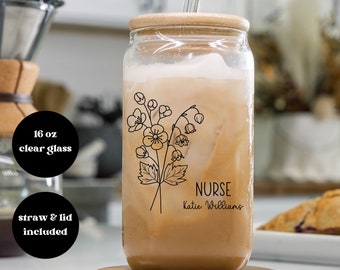 Nurse Custom Birth Flower Ice Coffee Cup, Nurse Graduation Glass Coffee Cup, Personalized Nurse Appreciation Week Gifts, Student Nurse Gifts