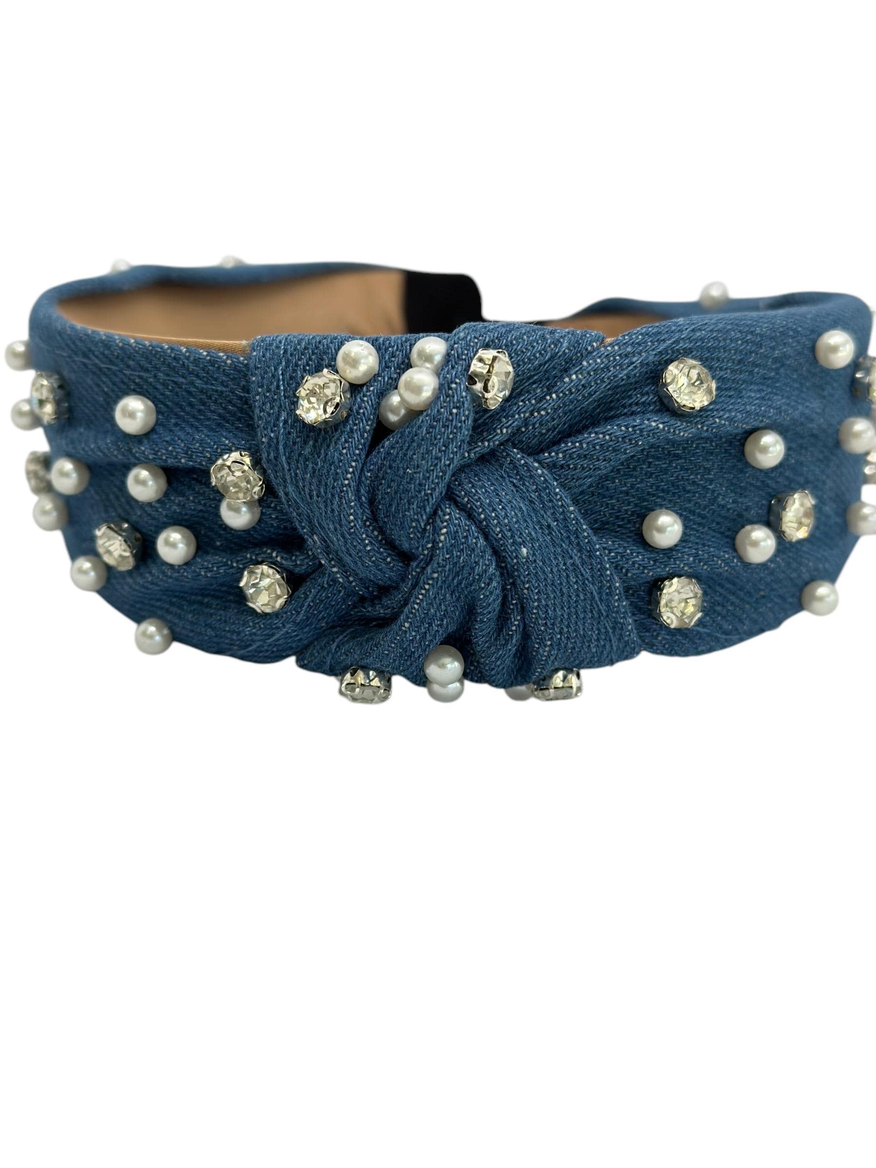 Handmade Faux Leather Knotted Headband with Faux Pearls - Blue Twine and Love | Green Top Knot Headband | Handmade Hair  main image 3