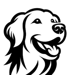 Puede incluir: Ilustración en blanco y negro de un perro golden retriever con la lengua fuera. El perro mira hacia la derecha y tiene una expresión feliz.