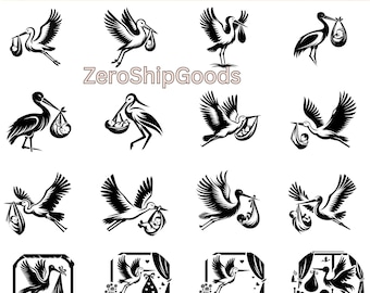 May include: A collection of 16 black and white stork and baby illustrations. The storks are depicted carrying babies in various poses, some flying, some standing, and some in decorative frames. The text "16 Stork And Baby Bundle" is at the top.