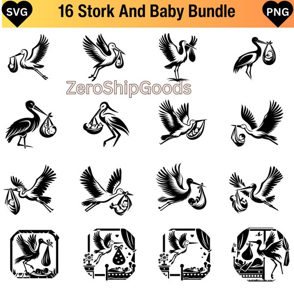 BABY and STORK SVG Bundle, Baby Delivery svg, Stork with Baby, Stork Bird svg, Baby and Stork svg for Cricut Silhouette, Baby Arrival svg,