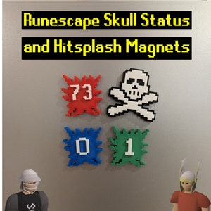 以下が含まれることがあります： 頭蓋骨と交差した骨、赤いヒットスプラットに73、青いヒットスプラットに0、緑のヒットスプラットに1が描かれた、3Dプリントされたマグネット4個セット。これらのマグネットは、人気のオンラインゲームRuneScapeからインスピレーションを得ています。