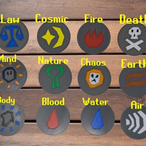 May include: A collection of twelve gray, circular tokens with various symbols and text. Each token features a different design, including a scale, star, flame, skull, sun, tree, lion, earth, body, blood drop, water drop, and sound waves. The tokens are labeled with words like "Law", "Cosmic", and "Death".