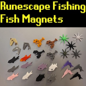 May include: A collection of colorful fish-shaped magnets, including a red fish, a yellow fish, a blue fish, a green fish, and a purple fish. The magnets are all different shapes and sizes, and they are arranged in a random pattern on a white background. The text "Runescape Fishing Fish Magnets" is at the top of the image.