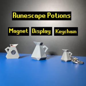 Puede incluir: Tres objetos grises con forma de poción geométrica. Los artículos están etiquetados como imán, exhibición y llavero. El texto "Runescape Potions" se muestra encima de los artículos. Los artículos están sobre una superficie azul.