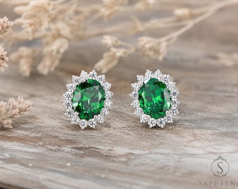 Oval Emerald and Diamond Halo Stud Earrings, Sterling Silver Bridal Earrings