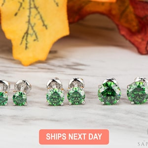 Green Moissanite Stud Earrings in 925 Sterling Silver, Round Cut, Multiple Sizes, Green Gemstone Minimalist Everyday Studs, Screw Backs