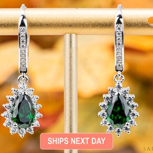 Pear Cut Halo Green Emerald Lever Back Earrings, Silver Tear Drop Earrings, Dangle Earrings, Simulated Diamond Earrings, May Birthstone