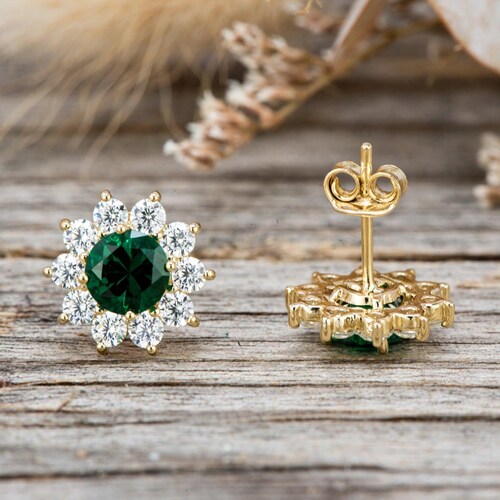 Green Emerald Halo Stud Earrings, Sterling Silver, Simulated Diamond