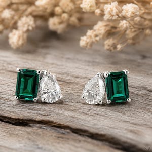 Emerald & Moissanite Toi Et Moi Stud Earrings | Sterling Silver Push Back