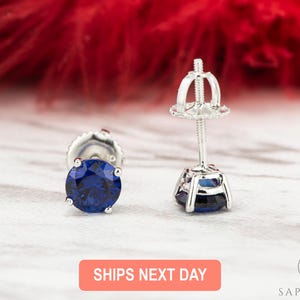 Round Cut Blue Sapphire Stud Earrings, Blue Sapphire Studs, Silver Screw Back Earrings, September Birthstone Earrings, Minimalistic Studs