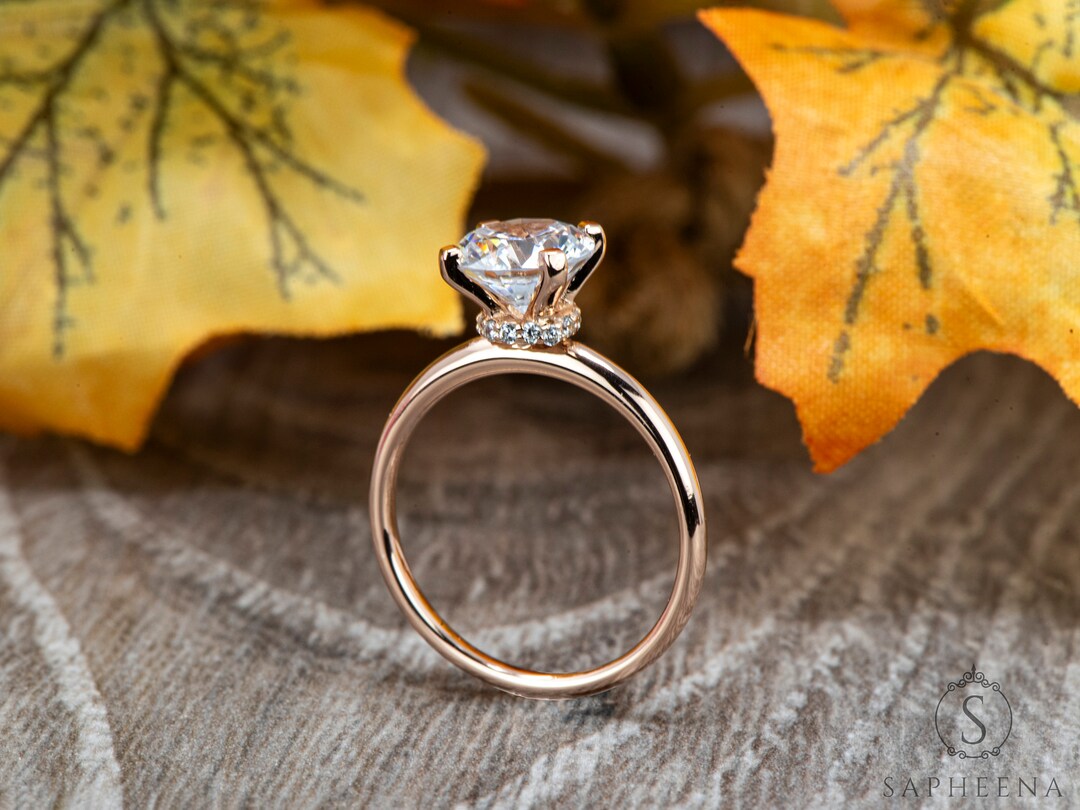 Hidden Halo Solitaire Ring, Hidden Halo Round Cut Solitaire Ring, Moissanite Engagement Ring