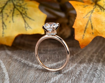 Hidden Halo Solitaire Ring, Hidden Halo Round Cut Solitaire Ring, Moissanite Engagement Ring, Flashy Wedding Ring, Four Prong Bridal Ring
