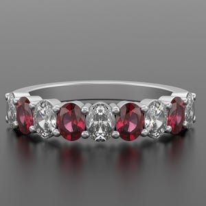 Oval Cut Ruby and Moissanite Alternating Band, Oval Cut Eternity Ring, Sterling Silver Wedding Band, July Birthstone Ring, Ruby Eternity