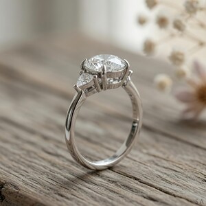 May include: A silver ring with a large, round, clear gemstone as the centerpiece, flanked by two smaller, triangular stones. The ring is set on a wooden surface, with soft-focus flowers in the background. The ring is a piece of jewelry.
