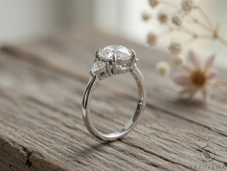 May include: A silver ring with a large, round, clear gemstone as the centerpiece, flanked by two smaller, triangular stones. The ring is set on a wooden surface, with soft-focus flowers in the background. The ring is a piece of jewelry.