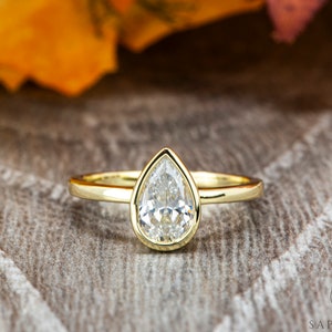 1.5 Ct Bezel Set Pear Cut Moissanite Engagement Ring, Low Profile Diamond Solitaire Wedding Ring, Bridal Ring, Anniversary ring
