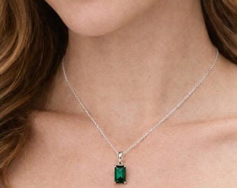 Emerald Cut Green Emerald Solitaire Pendant • Sterling Silver Necklace