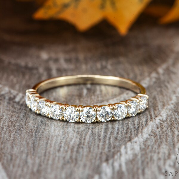 Eternity Wedding Band, 3mm Diamond Wedding Band, Half Eternity Moissanite Band, Solid Gold Band, Vintage Matching Band, Stacking Band