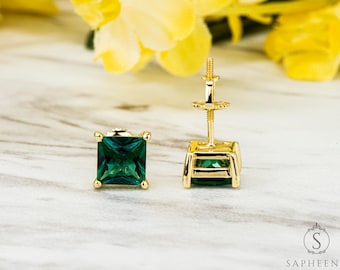 Pendientes de esmeralda verde de talla princesa, pendientes de esmeralda de plata de ley con cierre de rosca.