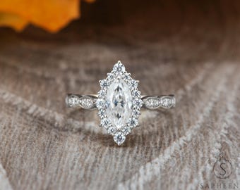 Marquise Cut Moissanite Halo Ring in Sterling Silver • Vintage-Inspired Marquise Engagement