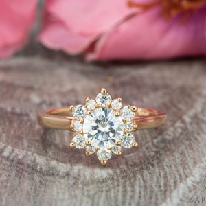 0.75 Ct Flower Halo Moissanite Engagement Ring, Snowflake Round Cut Diamond Wedding Ring, Sterling Silver Ring, Plain Band Bridal Ring
