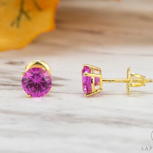 2.0 Carat Round Cut Pink Sapphire Stud Earrings, Lab Grown Sapphire Studs, Gold Plated Earrings ,Silver Screw Back Earrings, Sapphire Studs image 3