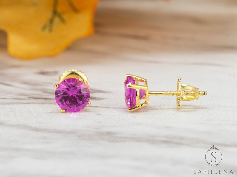 2.0 Carat Round Cut Pink Sapphire Stud Earrings, Lab Grown Sapphire Studs, Gold Plated Earrings ,Silver Screw Back Earrings, Sapphire Studs image 3