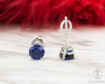 Round Cut Blue Sapphire Stud Earrings, Blue Sapphire Studs, Silver Screw Back Earrings, September Birthstone Earrings, Minimalistic Studs