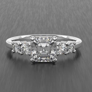 1.0 Ct Asscher Cut Moissanite Ring, Five Stone Engagement Ring in Sterling Silver, Diamond Bridal Ring, Elegant Moissanite Band