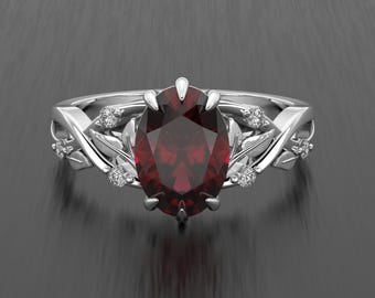 Oval Ruby Ring, Nature Inspired Engagement Ring, Sterling Silver Moissanite Ring
