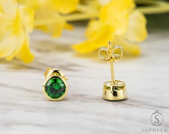 Bezel Set Round Cut Stud Earrings, Green Emerald Earrings, Silver/ Gold Plated Push Back Earrings, Solitaire Earring, Gift For Her