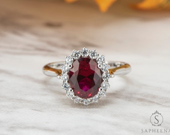 Oval Halo Red Ruby Ring, Lab Grown Ruby Engagement Ring, Oval Cut Wedding Ring, Solid 14k Gold Ring, Unique Oval Halo Statement Ring